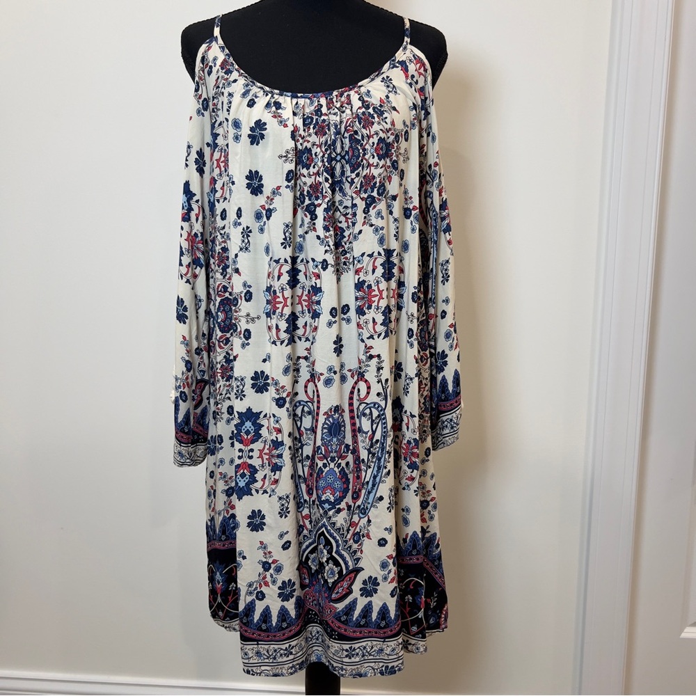 Umgee Multicolor Bohemian Long Open Shoulder Sleeve Croquet Detailed Dress Large